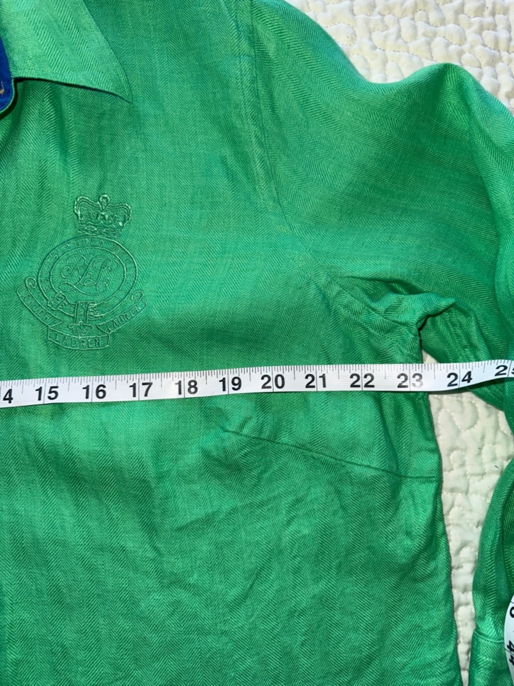 Lauren Ralph Lauren Linen Green Button Up Shirt Blue Contrast Trim Logo Crest 1X - Picture 5 of 12
